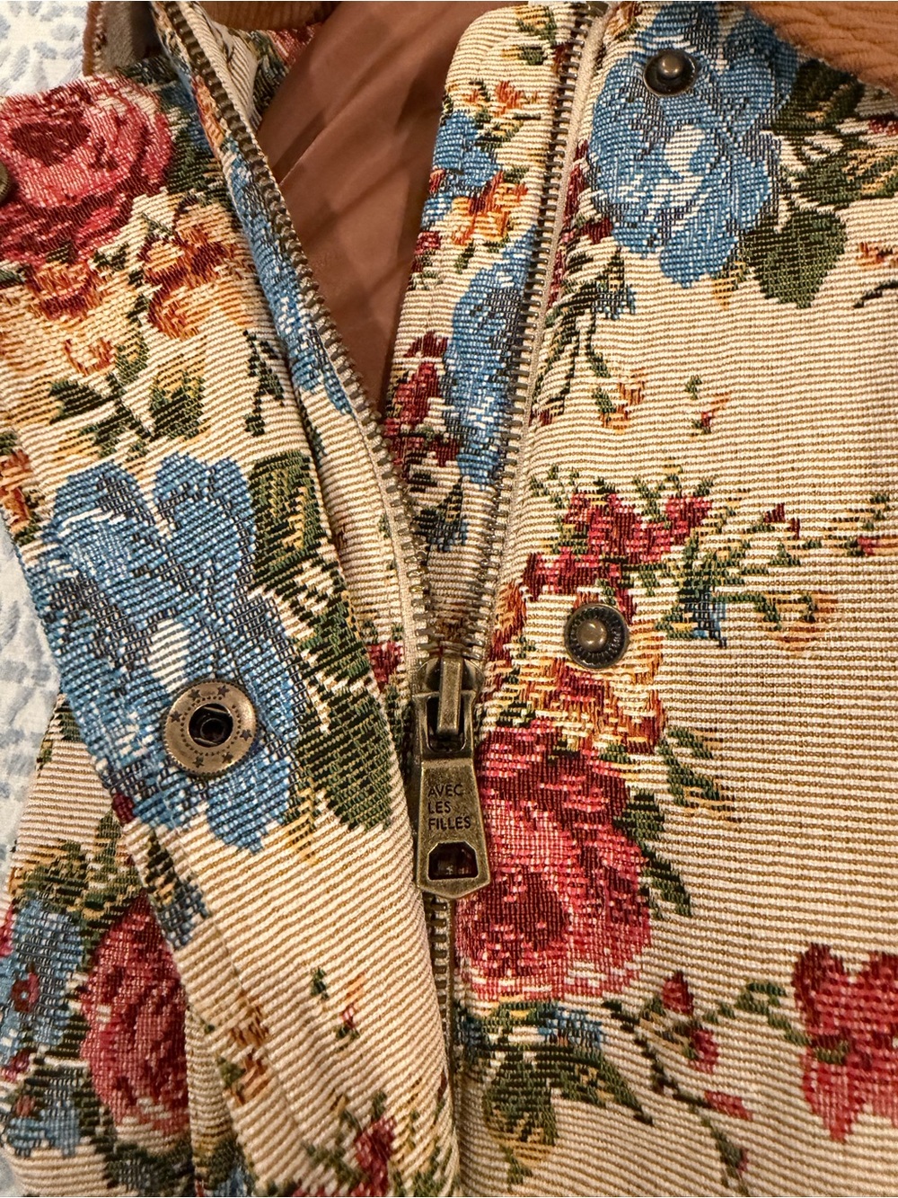 Avec Les Filles Beige Floral Utility Jacket with Rust Corduroy Trim S - Picture 7 of 10